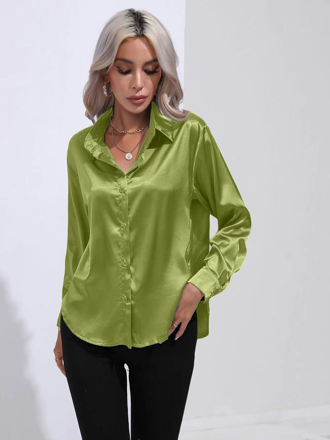 ALCEA ROSEA Women Satin Silky Button Down Shirt Business Casual Loose Long Sleeve Office Work Tunic Tunic Tops Blouse 1857