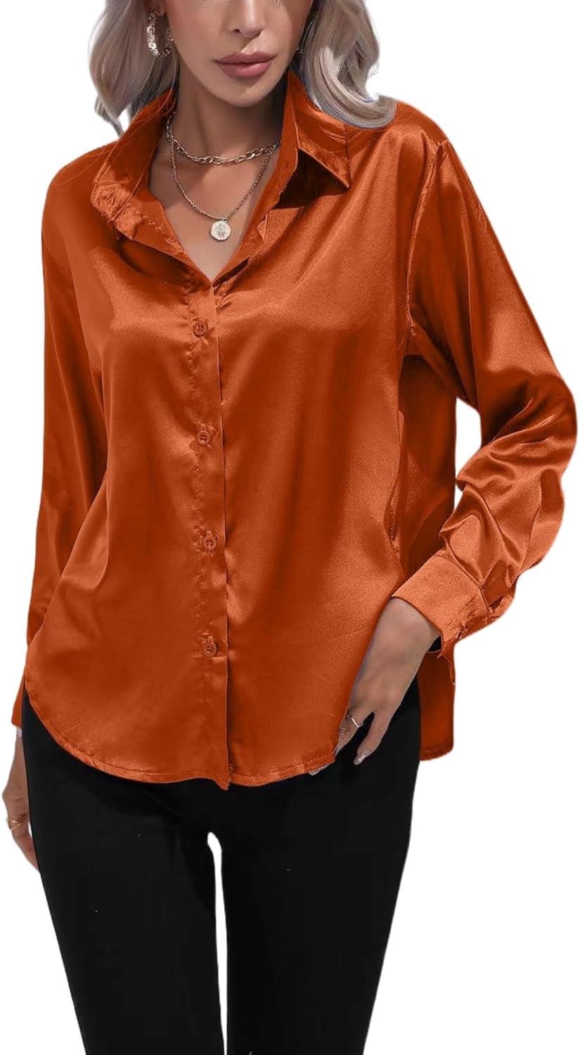 ALCEA ROSEA Women Satin Silky Button Down Shirt Business Casual Loose Long Sleeve Office Work Tunic Tunic Tops Blouse 1857