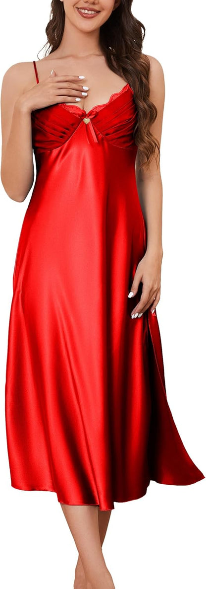 ALCEA ROSEA Women Silk Satin Nightgown Sexy Lace Chemise Lingerie Long Sleepdress for Ladies Sleepwear Slip Negligee