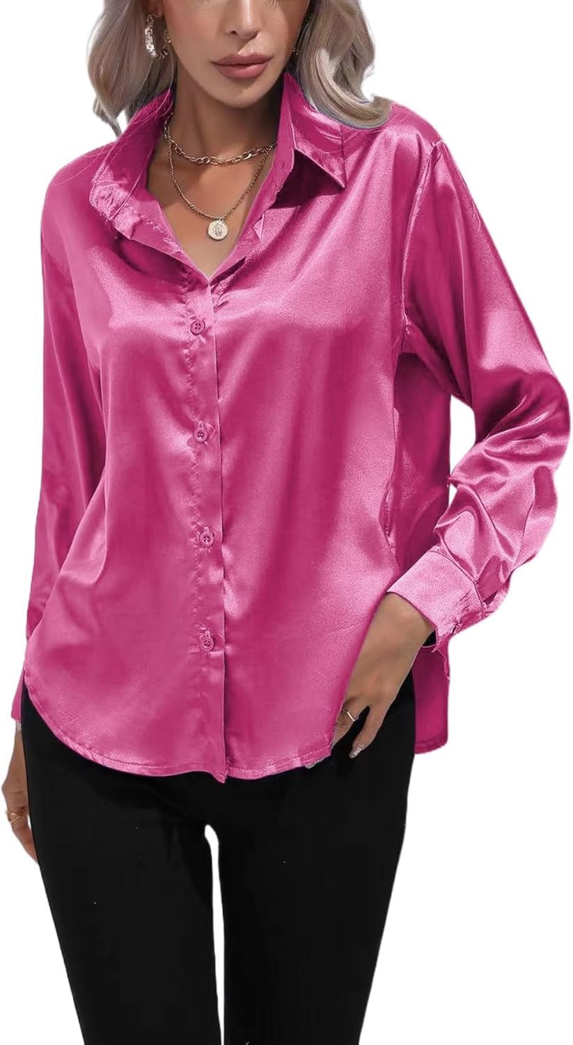 ALCEA ROSEA Women Satin Silky Button Down Shirt Business Casual Loose Long Sleeve Office Work Tunic Tunic Tops Blouse 1857