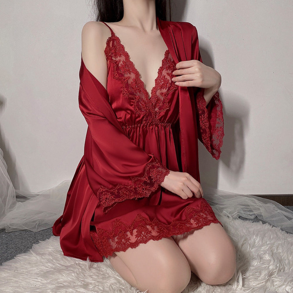 Satin Lace Sexy Deep V Camisole Nightwear Lace-up Lingerie Solid Color Robe Home Wear Set