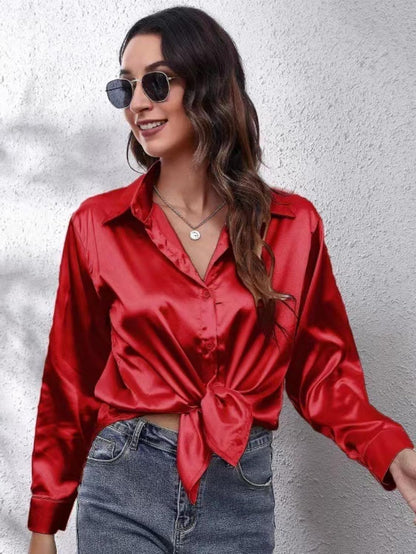 ALCEA ROSEA Women Satin Silky Button Down Shirt Business Casual Loose Long Sleeve Office Work Tunic Tunic Tops Blouse 1857