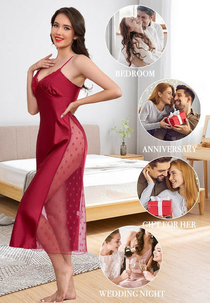 ALCEA ROSEA Women Silk Satin Nightgown Sexy Lace Chemise Lingerie Long Sleepdress for Ladies Sleepwear Slip Negligee