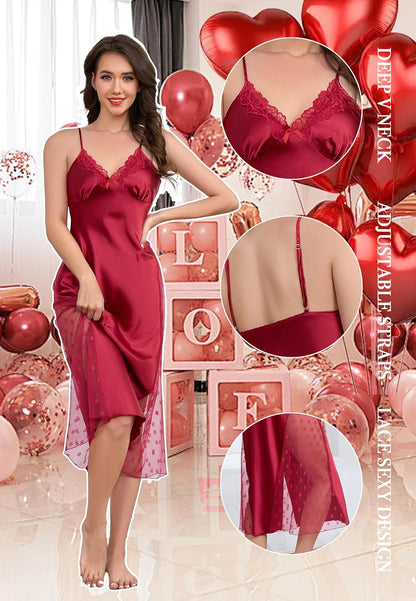 ALCEA ROSEA Women Silk Satin Nightgown Sexy Lace Chemise Lingerie Long Sleepdress for Ladies Sleepwear Slip Negligee