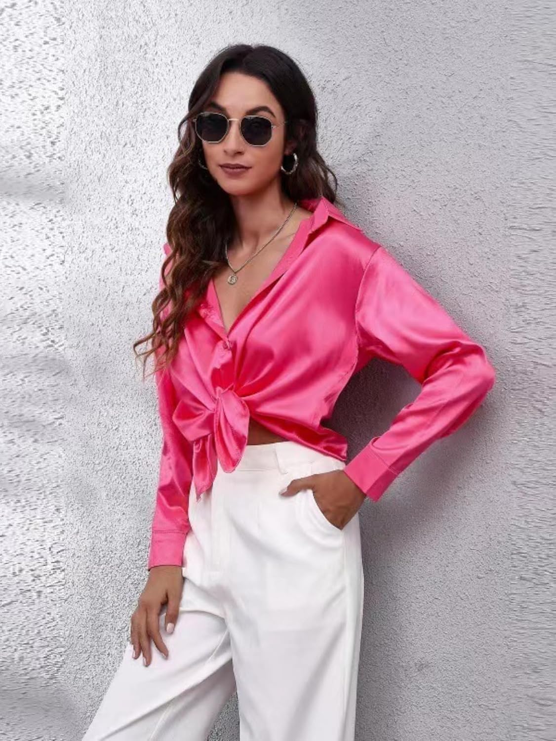 ALCEA ROSEA Women Satin Silky Button Down Shirt Business Casual Loose Long Sleeve Office Work Tunic Tunic Tops Blouse 1857