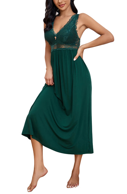 Sexy Lace Jersey Elegant Long Nightgown Chemises Blackish Green
