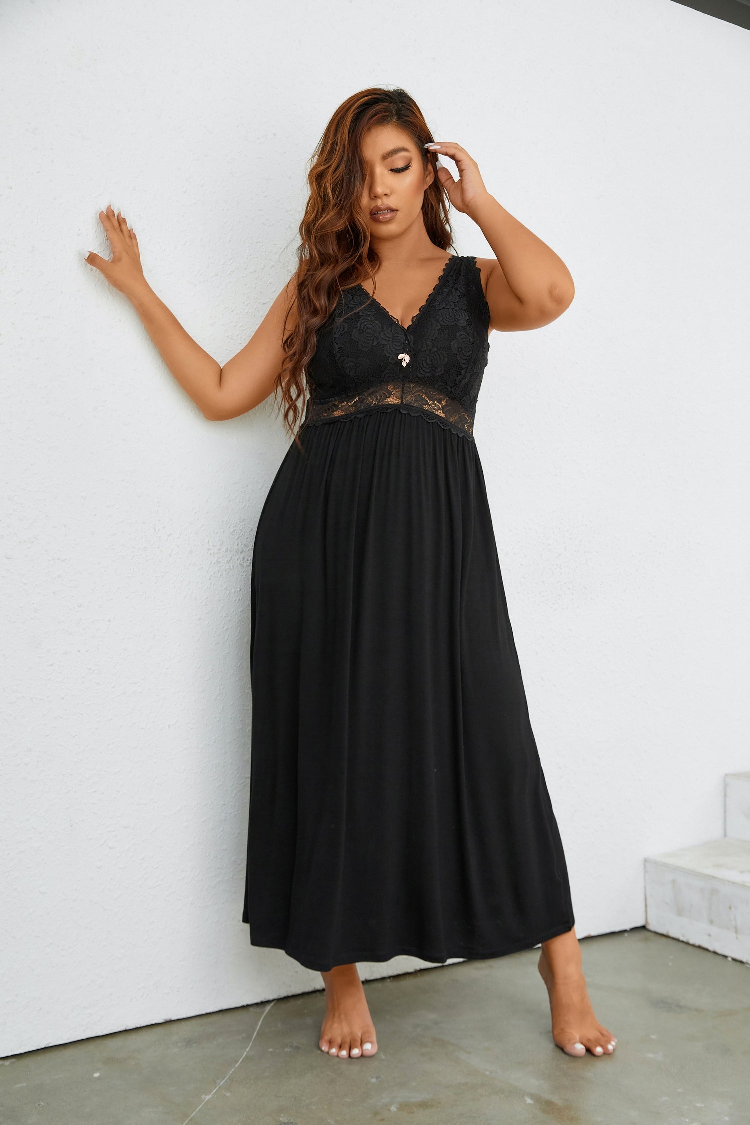 Sexy Lace Jersey Elegant Long Nightgown Chemises Black