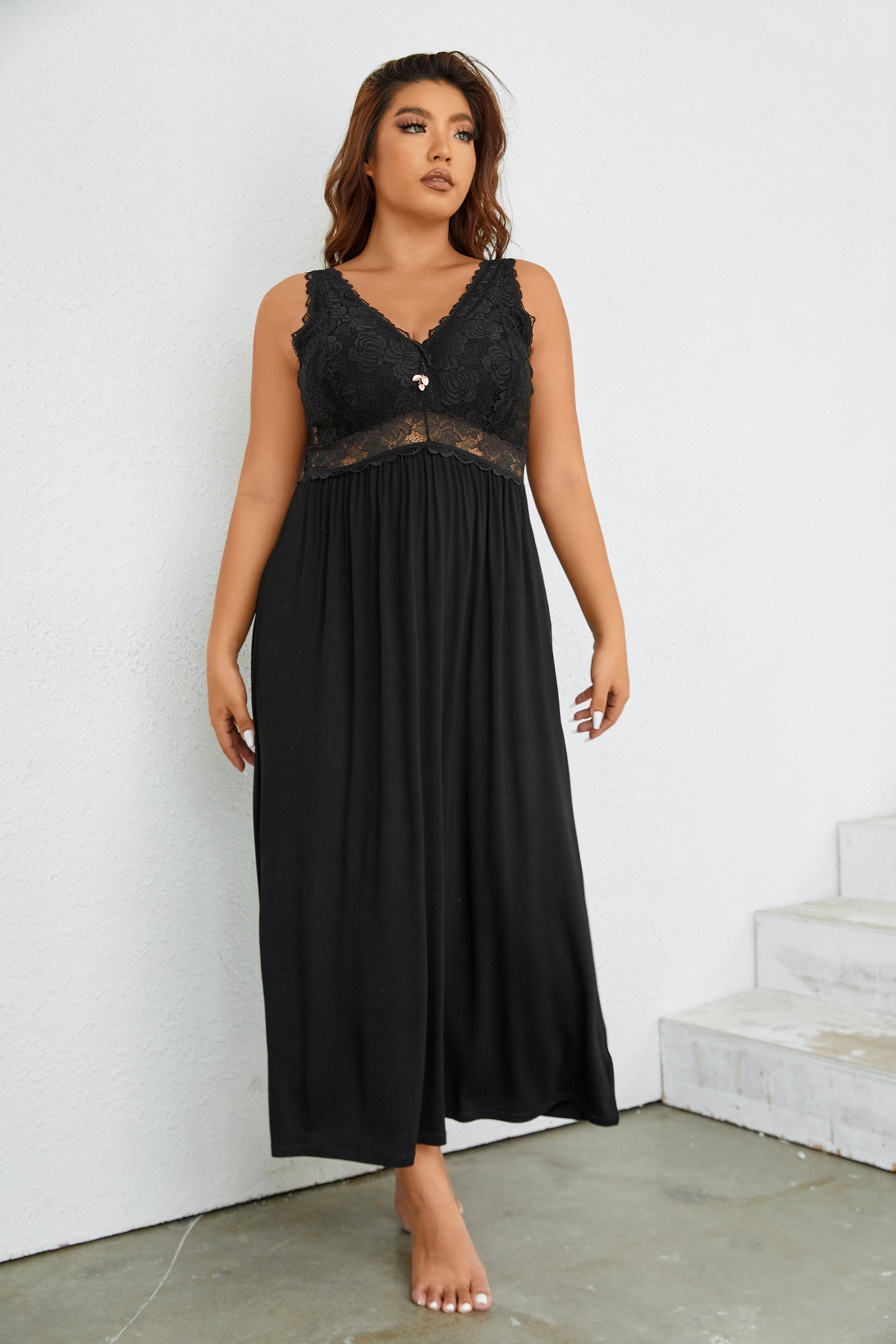 Sexy Lace Jersey Elegant Long Nightgown Chemises Black