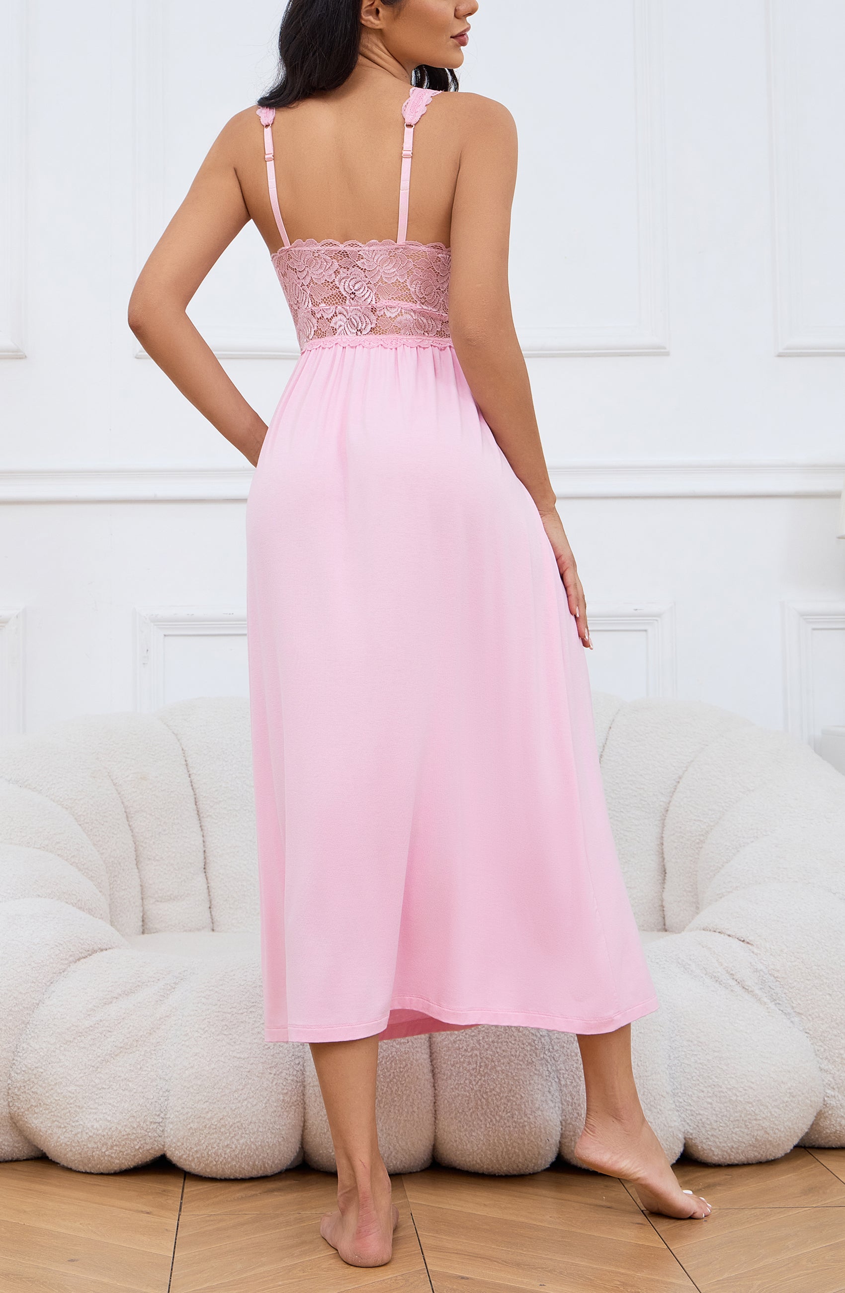 Sexy Lace Jersey Elegant Long Nightgown Chemises-PINK