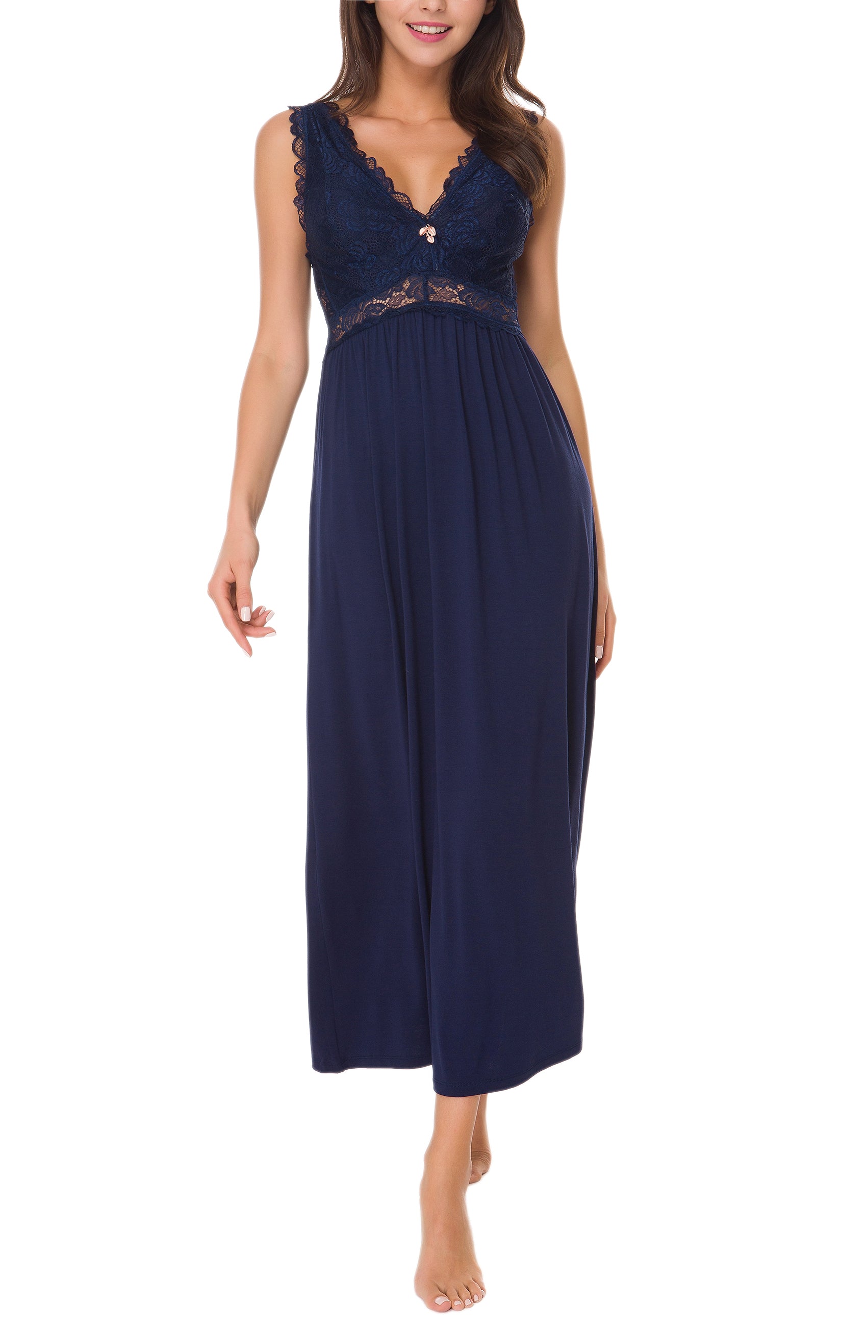 Sexy Lace Jersey Elegant Long Nightgown Chemises Navy