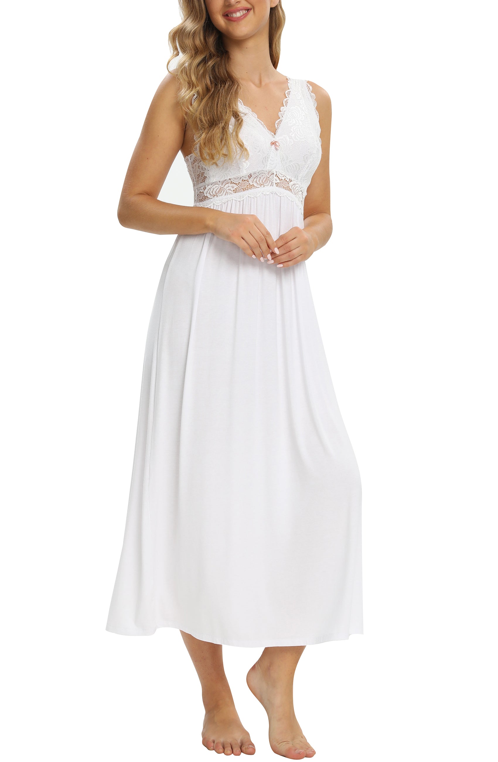 Sexy Lace Jersey Elegant Long Nightgown Chemises White