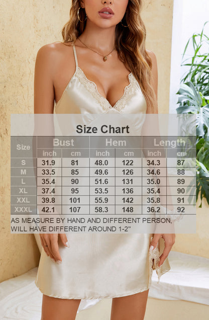 Sexy Lace Silky Short Slip Satin Nightgown V-neck Lingerie Chemise Sleepwear Champagne