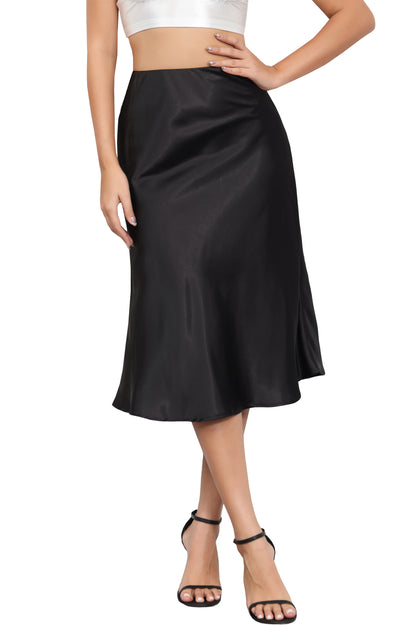 ALCEA ROSEA Womens Satin High Waisted Silky Midi Skirt Elastic A-line Skirt for Wedding Party Work Black AR1212