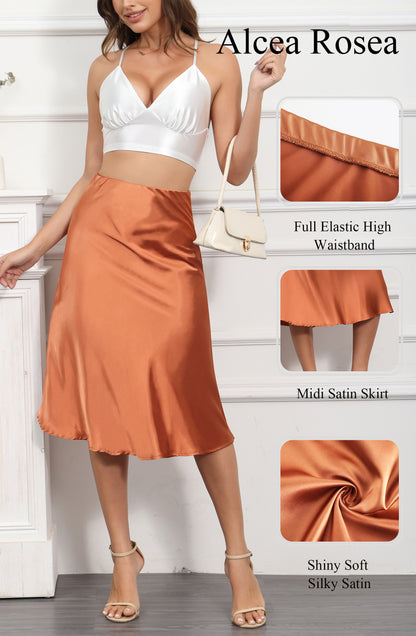 ALCEA ROSEA Womens Satin High Waisted Silky Midi Skirt Elastic A-line Skirt for Wedding Party Work Caramel AR1212