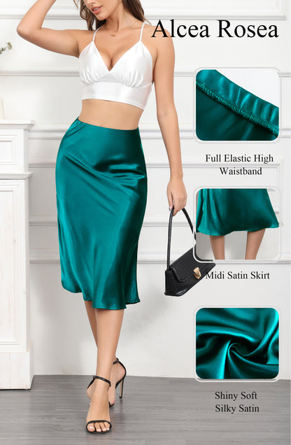 ALCEA ROSEA Womens Satin High Waisted Silky Midi Skirt Elastic A-line Skirt for Wedding Party Work Dark Green AR1212