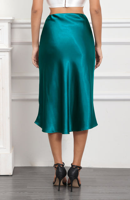 ALCEA ROSEA Women High Waist Silky Satin Midi Skirt Elastic Waist A Line Skirt with Slit Blackish Green AR1951