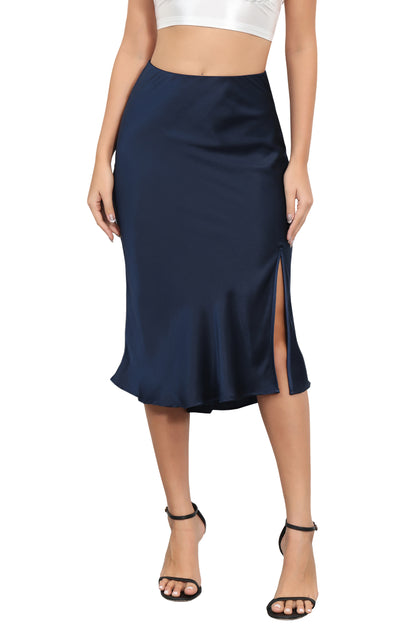 ALCEA ROSEA Women Satin Side Split Skirt High Waist Elastic Elegant A Line Midi Skirts for Women Navy AR7301