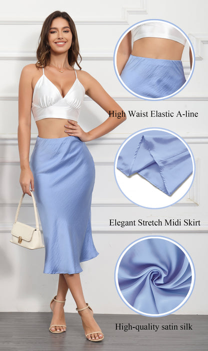 ALCEA ROSEA Womens Midi Satin Silky Skirt Elastic High Waisted A-line Elegant Wedding Skirts Sky Blue AR7302