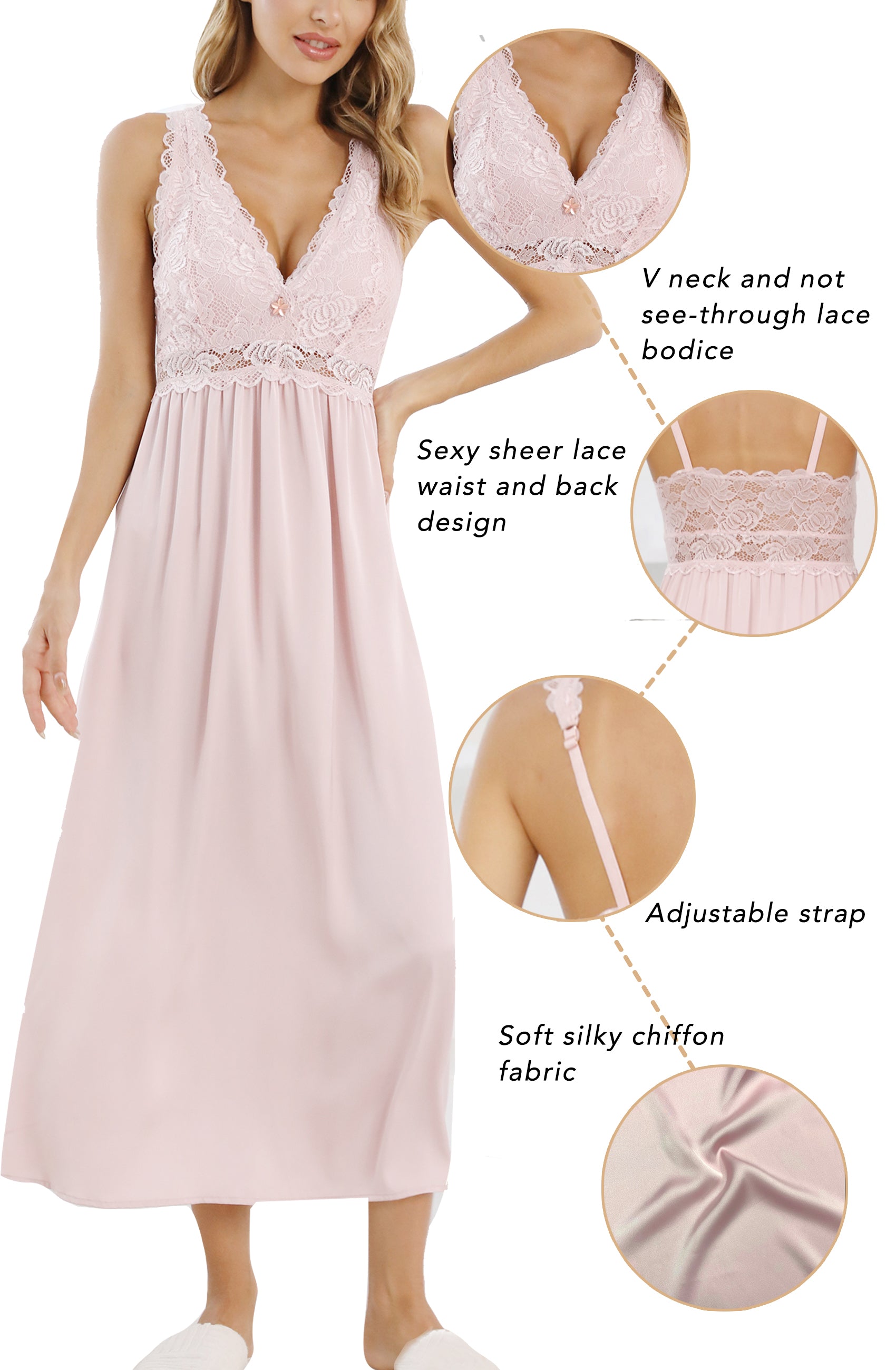 ALCEA ROSEA Womens Silky Nightgown Sexy Lace Lingerie Long V Neck Chemise Sleeveless for Elegant Women Pink