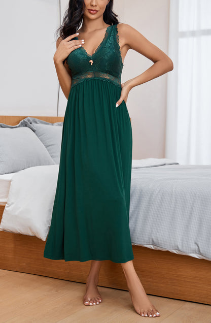 Sexy Lace Jersey Elegant Long Nightgown Chemises Blackish Green