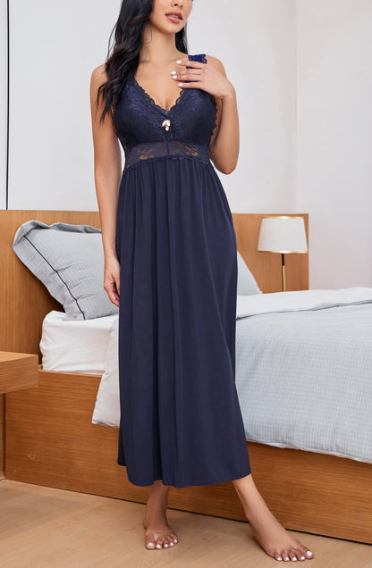 Sexy Lace Jersey Elegant Long Nightgown Chemises Navy