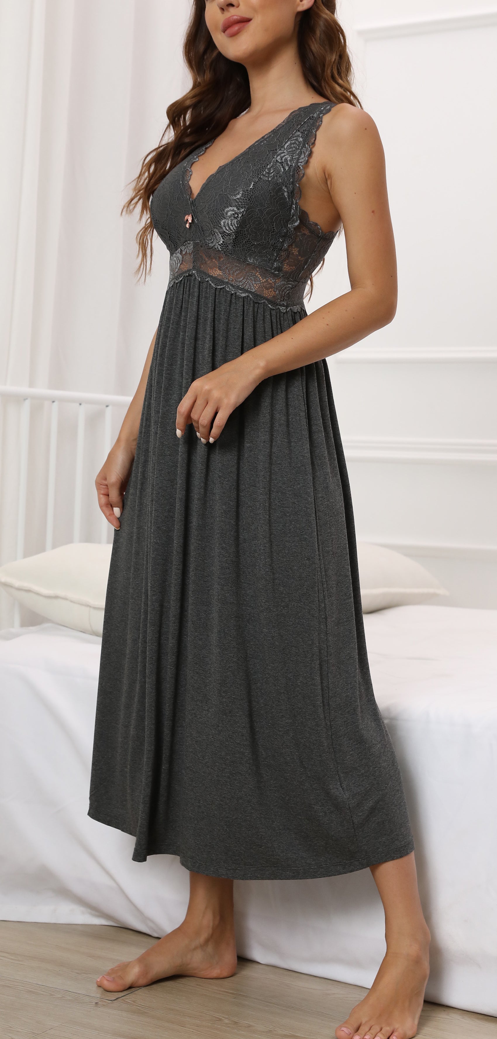 Sexy Lace Jersey Elegant Long Nightgown Chemises Dark Grey