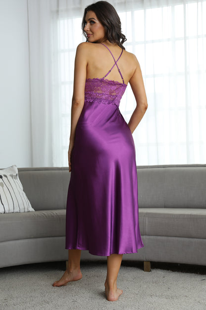 Sexy V-neck Nightgown Lace Lingerie Chemises Sleeveless Sleep Dress For Women Elegant Purple