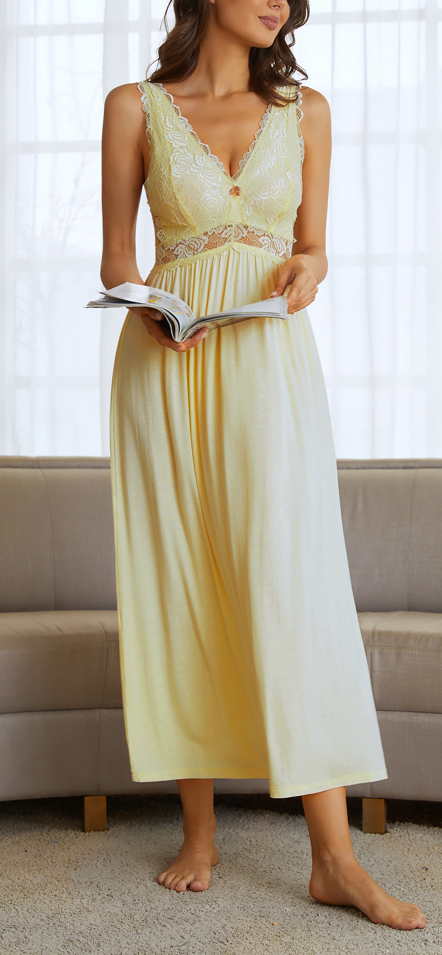 Sexy Lace Jersey Elegant Long Nightgown Chemises Light Yellow