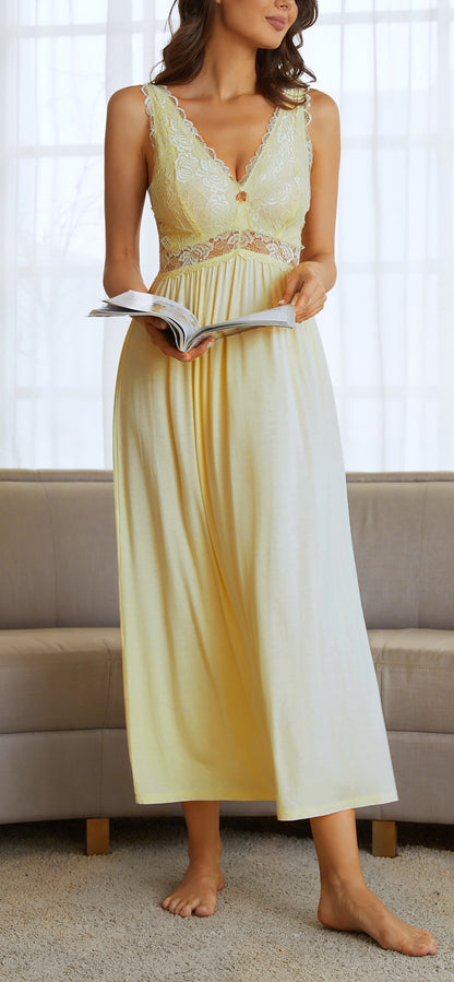 性感蕾丝针织衫优雅长睡衣衬裙浅黄色