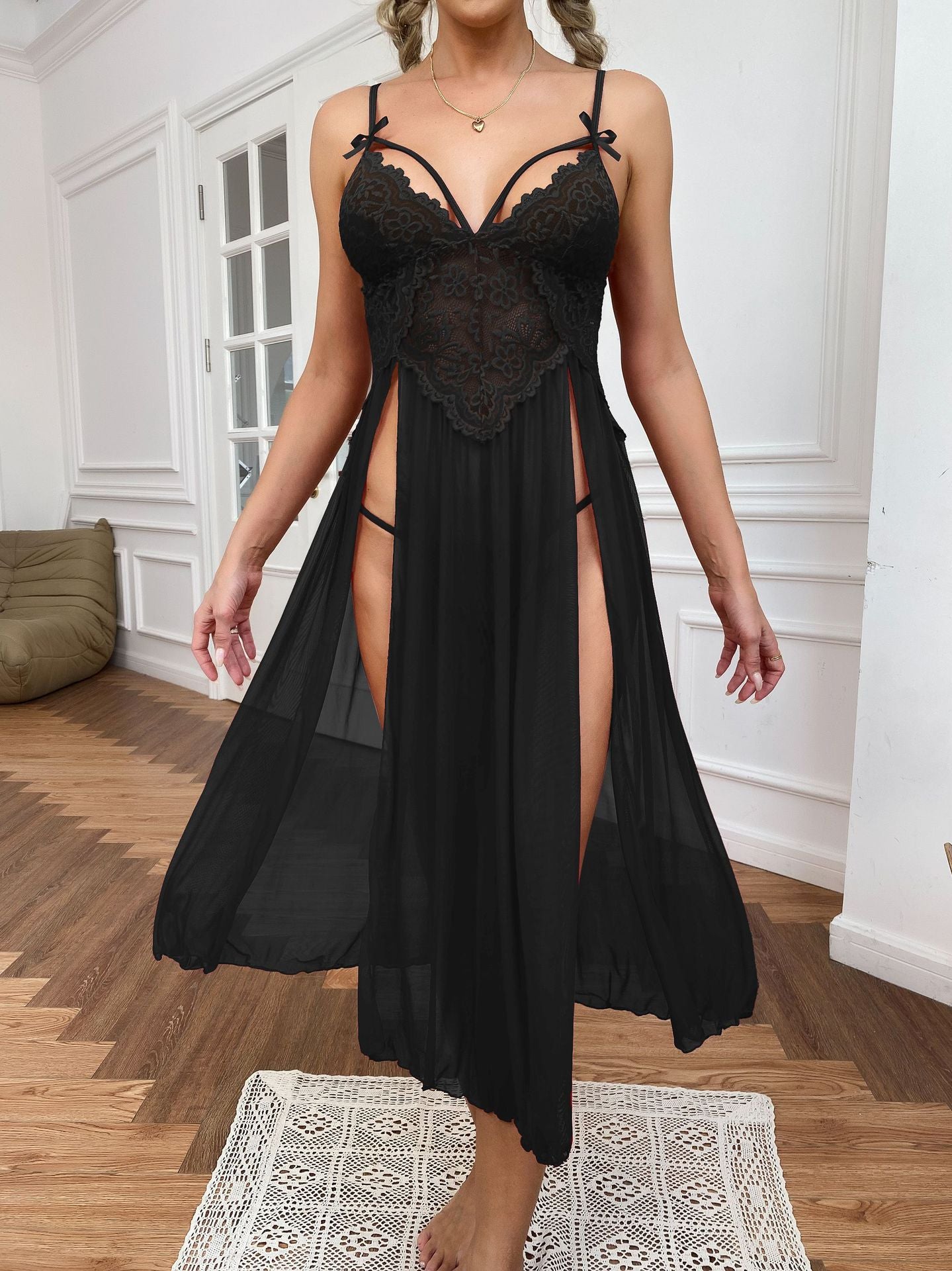 ALCEA ROSEA Women Lingerie V Neck Nightwear One Piece Sexy Nightgowns Lace Mesh Dress Sleepwear Side Slit