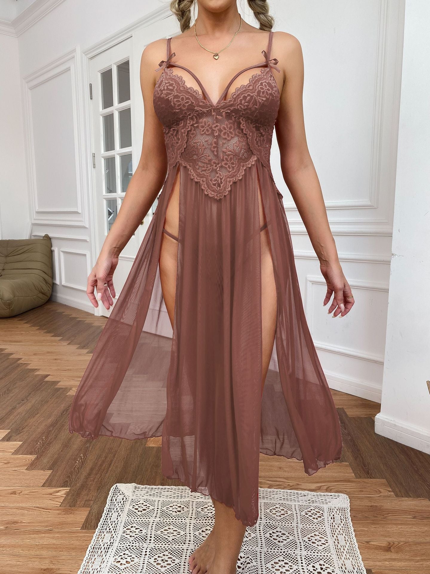 ALCEA ROSEA Women Lingerie V Neck Nightwear One Piece Sexy Nightgowns Lace Mesh Dress Sleepwear Side Slit