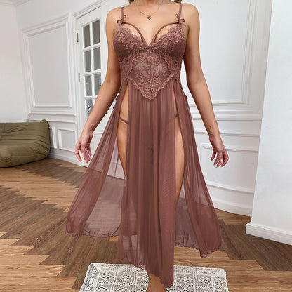 ALCEA ROSEA Women Lingerie V Neck Nightwear One Piece Sexy Nightgowns Lace Mesh Dress Sleepwear Side Slit