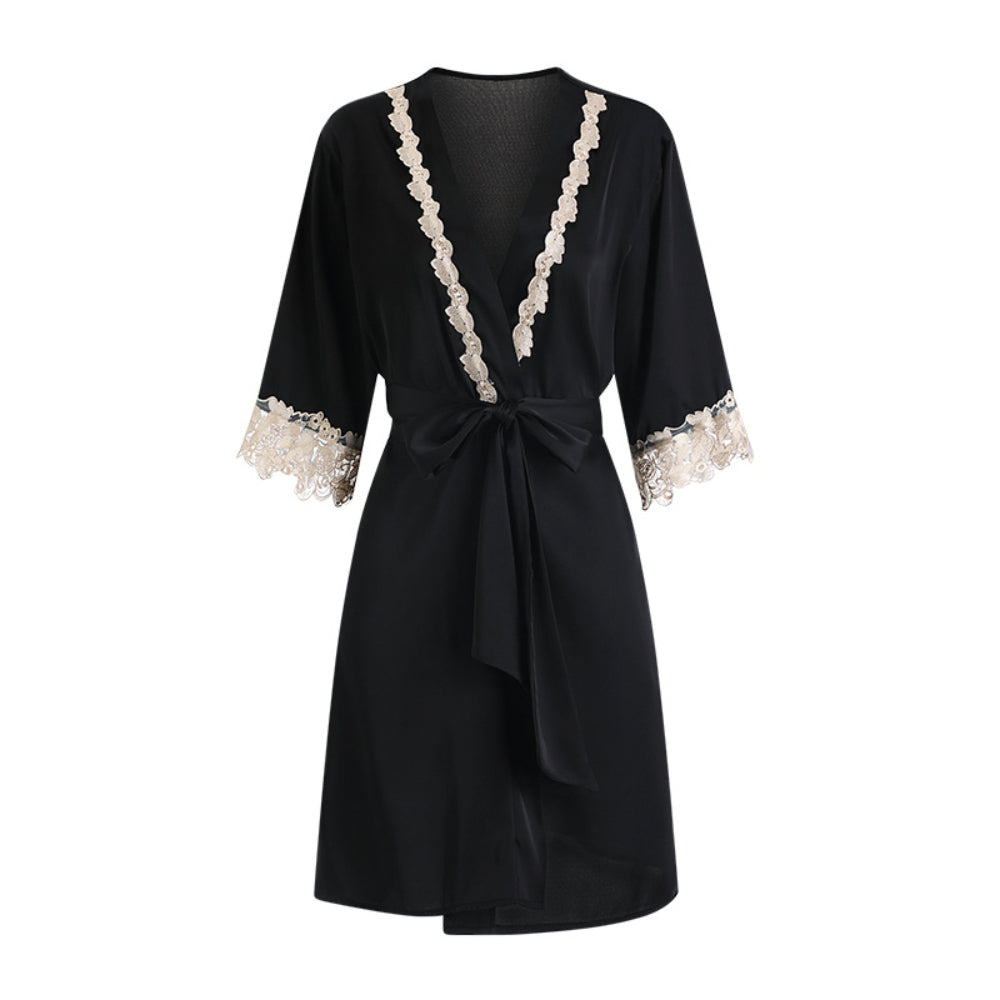 Sexy Satin Embroidery Thin Slip Nightdress Lace-up Robe Bathrobe Ladies&