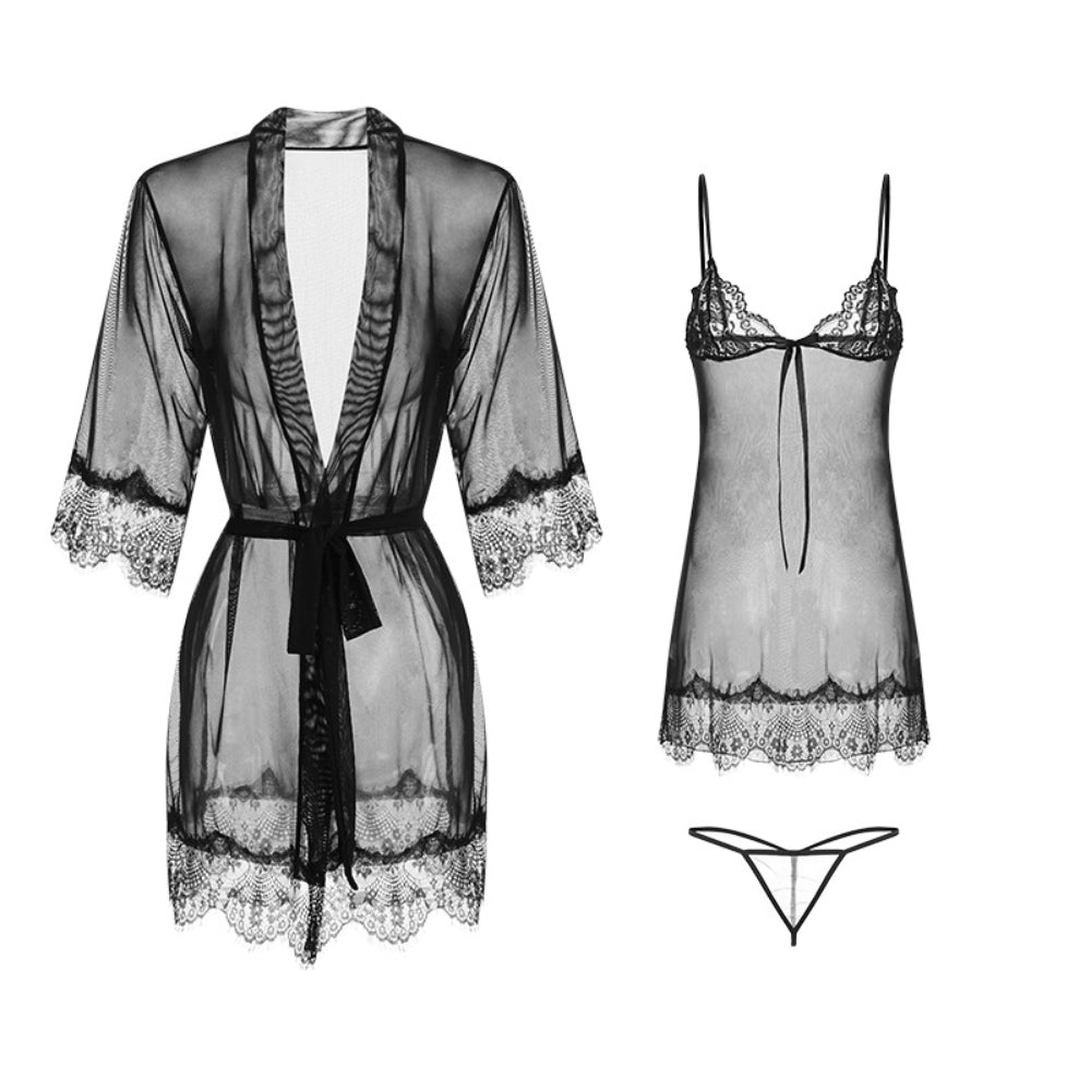 Women Sexy Lingerie Set 3 Piece Babydoll &amp; Lace Kimono Robe Strap Chemise Sleepwear Mesh Nightgown
