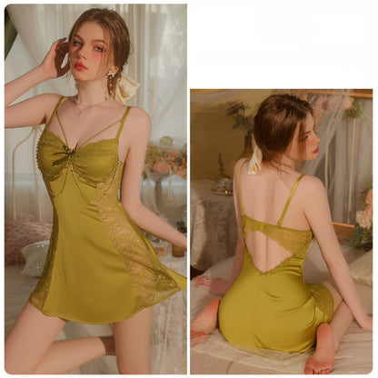 Women Ladies Silk Sexy Lace Lingerie Sleepwear Nightdress Satin  V-Neck Robes Babydoll Nightwear Mint