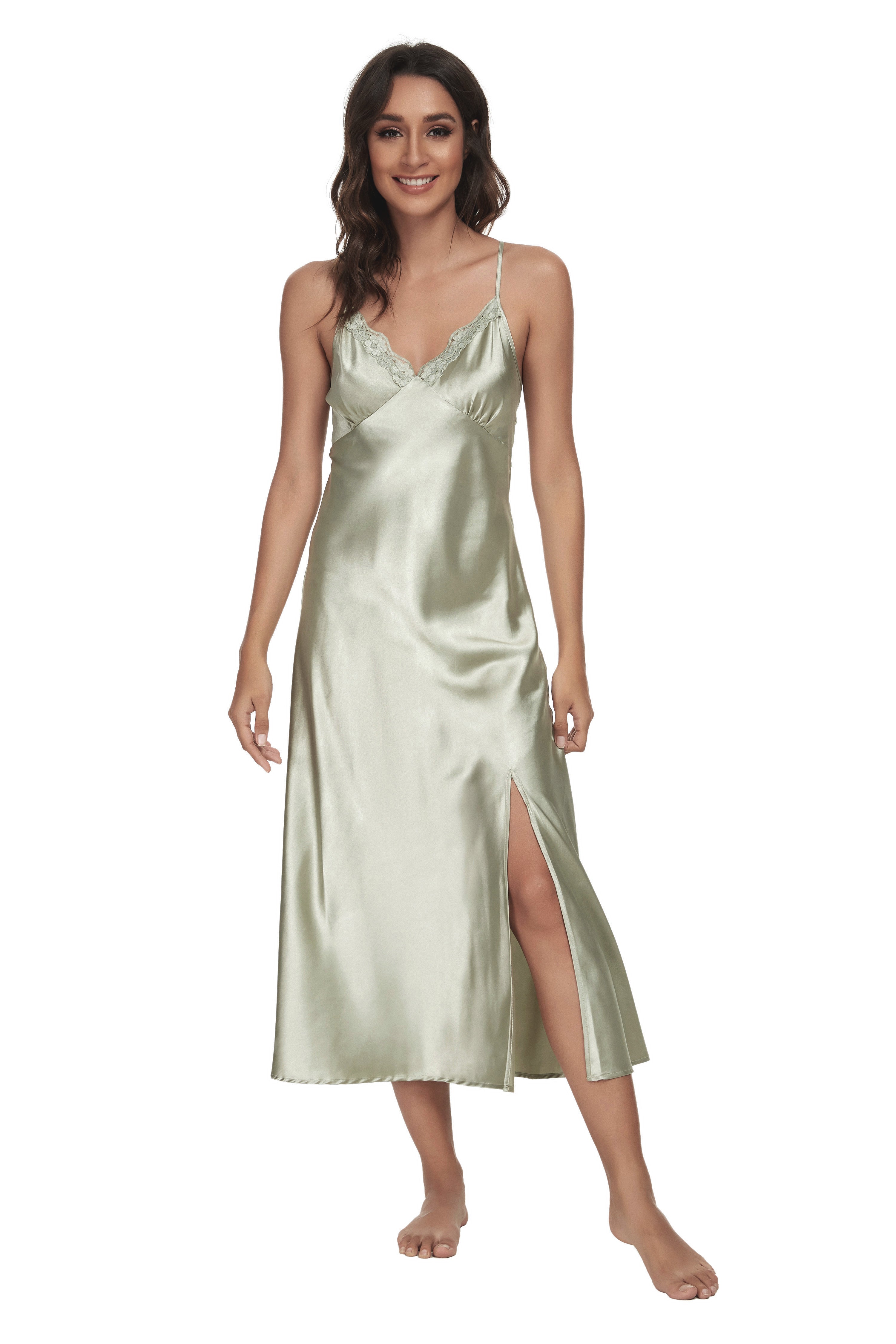 Sexy V-neck Nightgown Lace Lingerie Chemises Sleeveless Sleep Dress For Women Elegant Mossgreen
