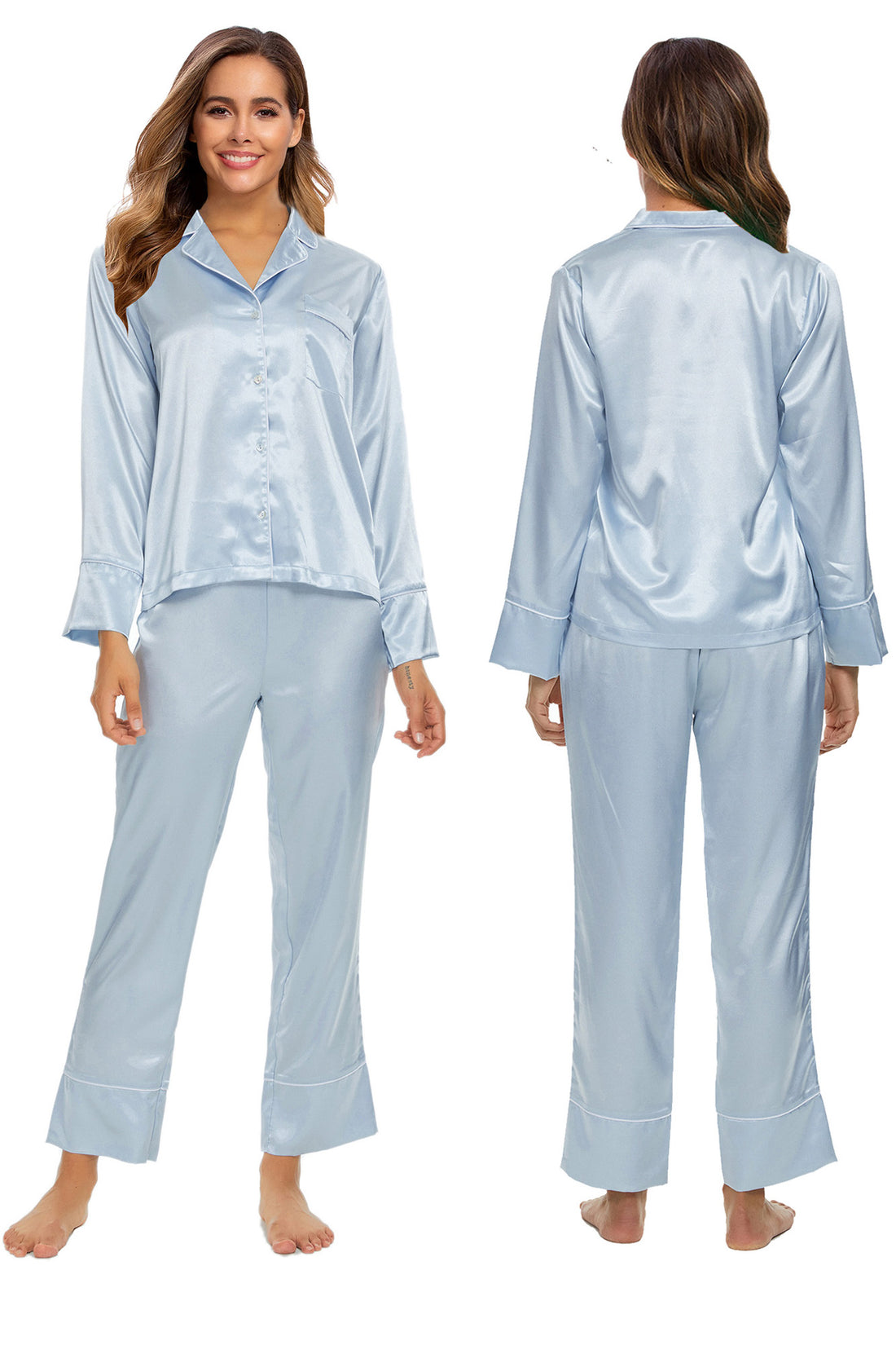 Womens Silk Satin Pajamas Set Moon Blue