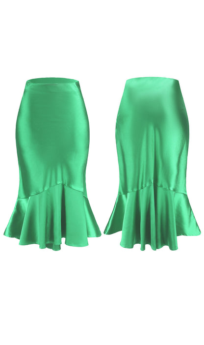 ALCEA ROSEA Women High Waist Satin Skirt Fishtail Silky Skirts Bodycon Stretchy Mermaid Pencil Midi Skirt Green