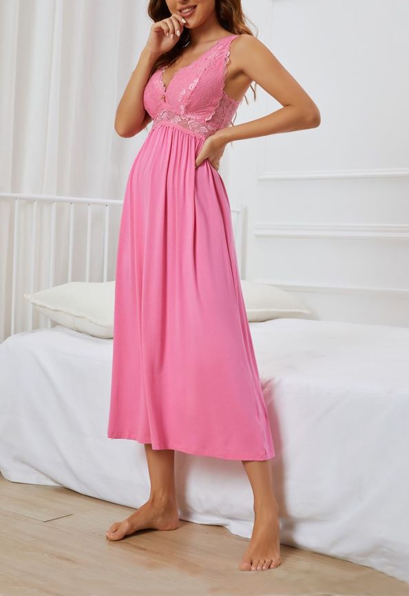 性感蕾丝针织衫优雅长睡衣衬裙亮粉色