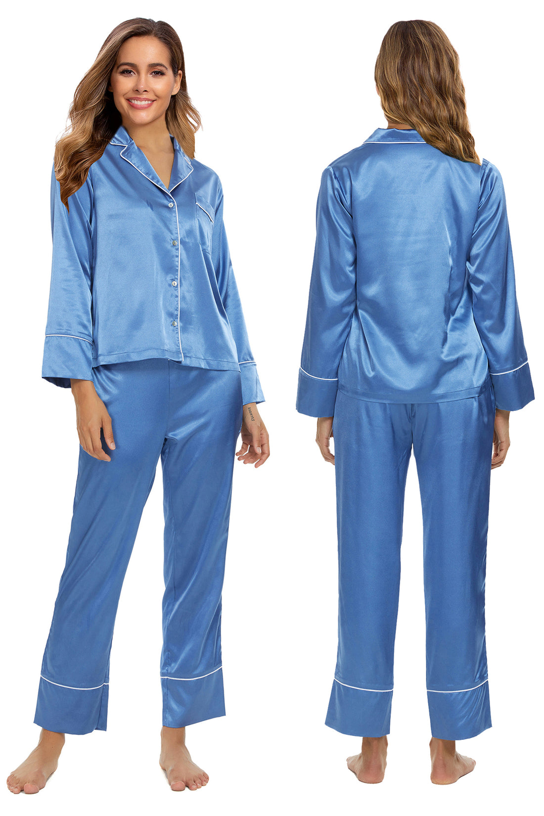 Womens Silk Satin Pajamas Set Midnight Blue