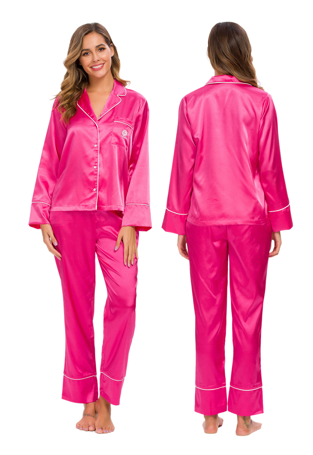 Womens Silk Satin Pajamas Set Pink