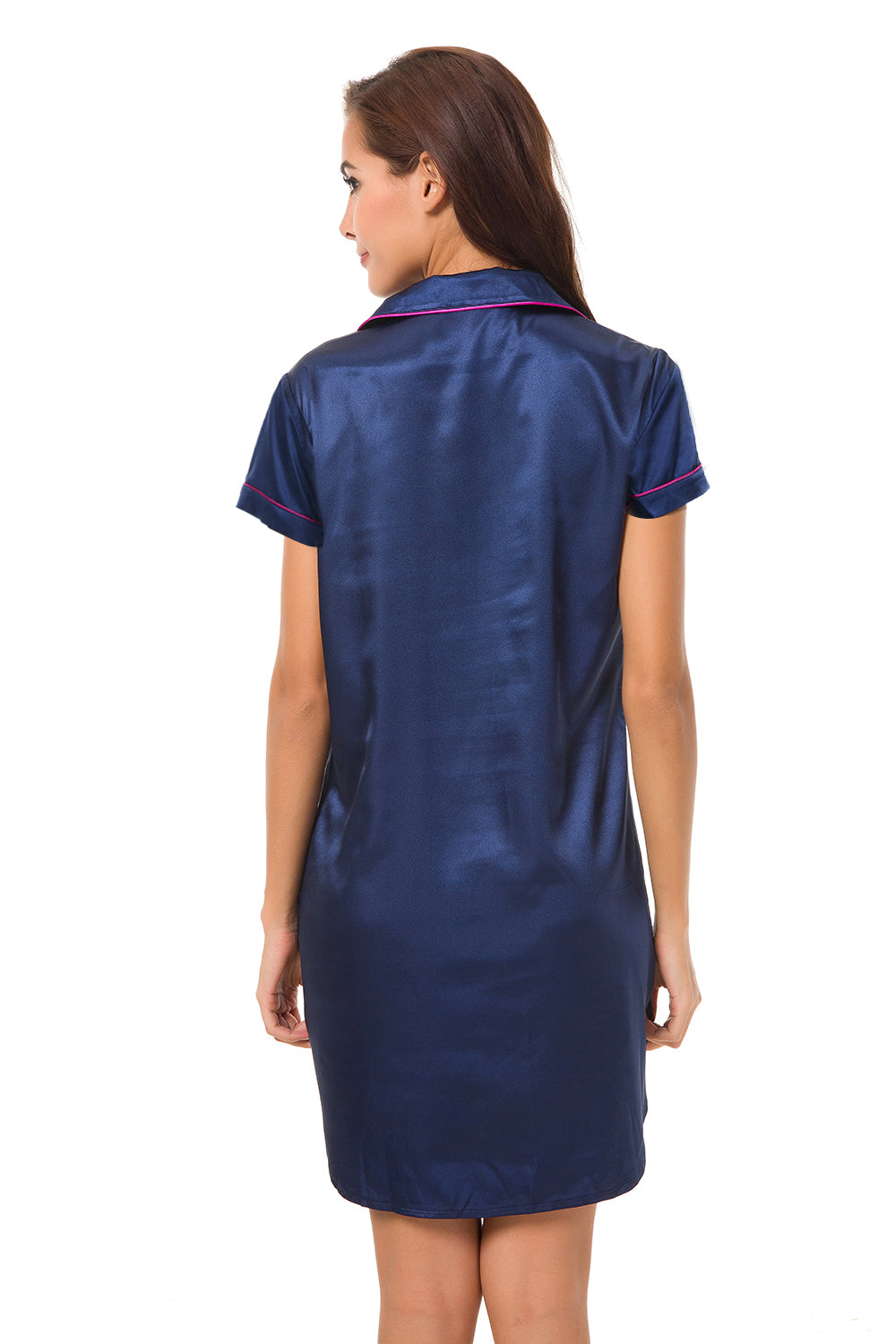 Short Sleeve Satin Boyfriend Collar Sleepwear Navy