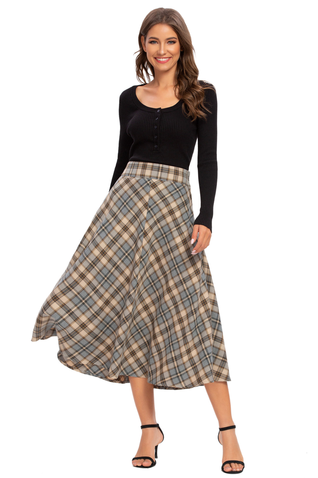 Womens High Waist Plaid Midi Skirt Brown Plaid