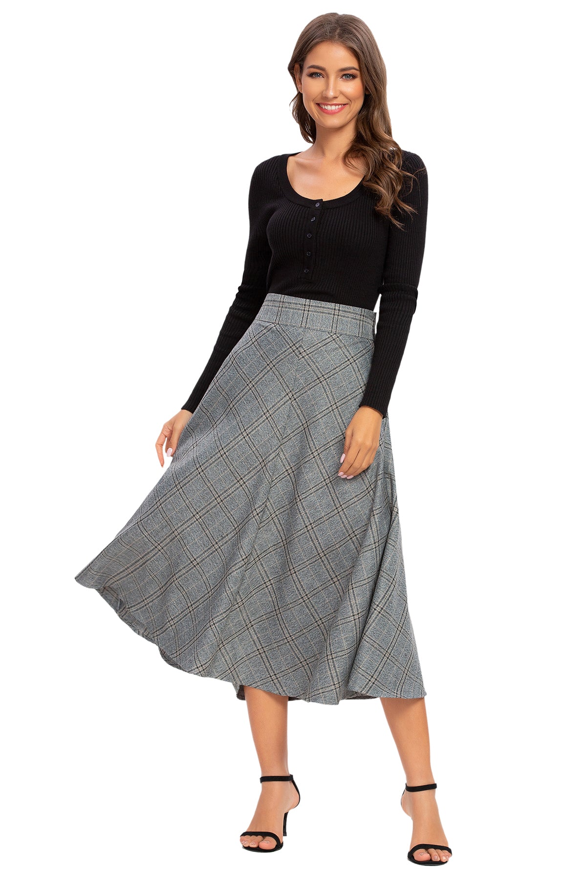 Womens High Waist Plaid Midi Skirt Grey