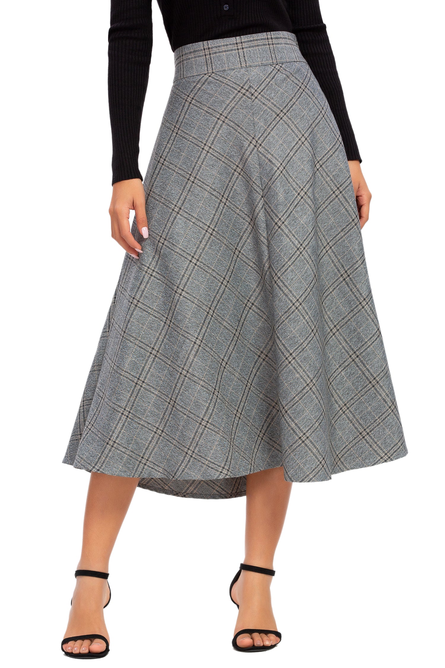 Womens High Waist Plaid Midi Skirt Grey