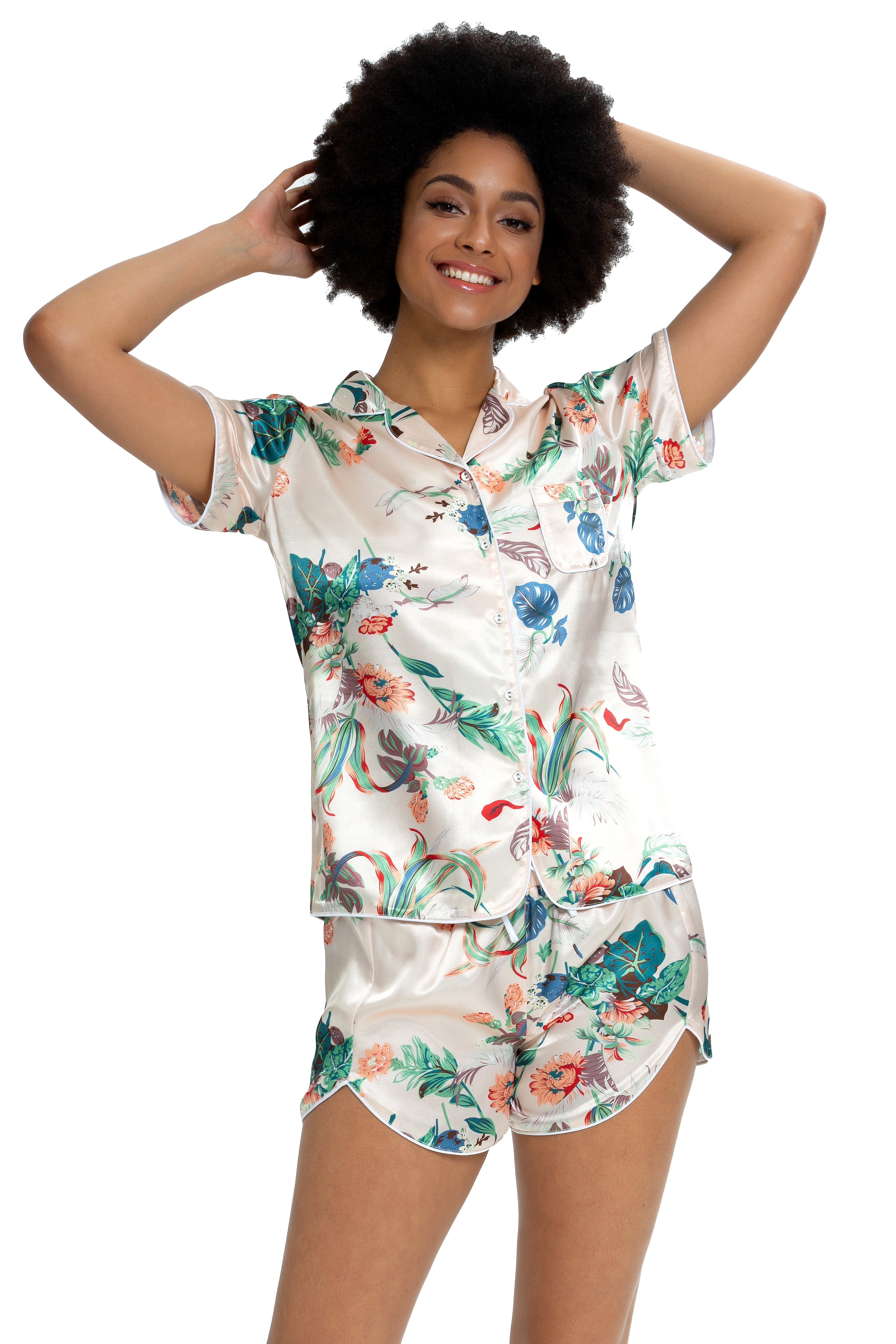Womens Silky Satin  Short Sleeve Pajamas Set White Garden