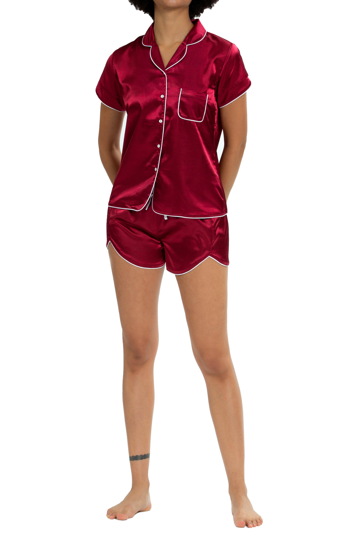 Womens Silky Satin  Short Sleeve Pajamas Set Wine