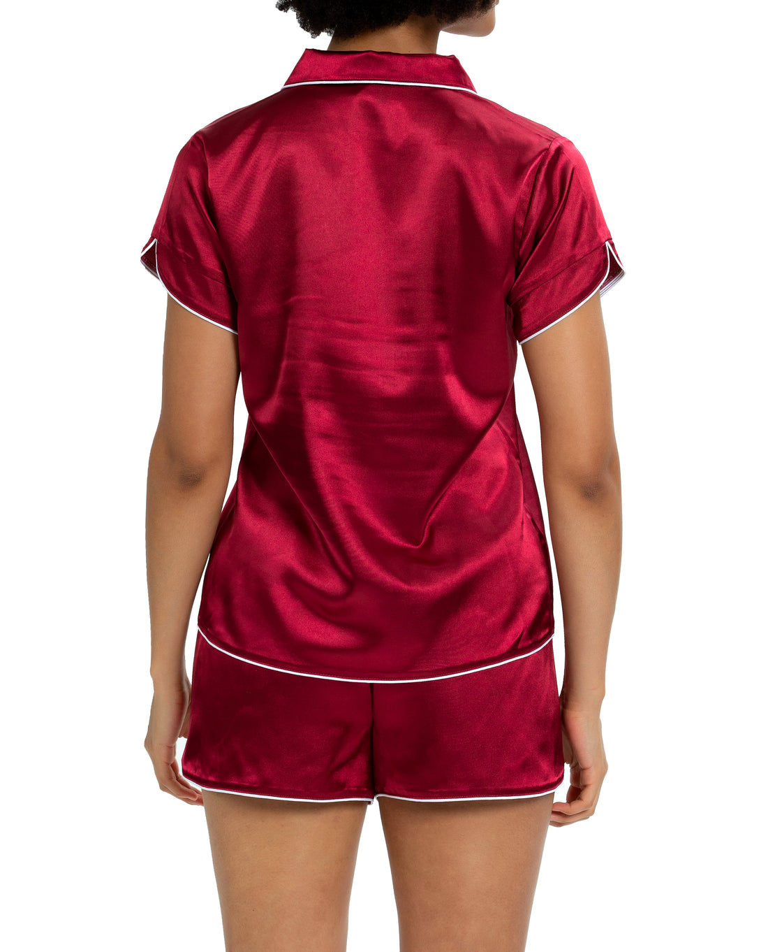 Womens Silky Satin  Short Sleeve Pajamas Set Wine