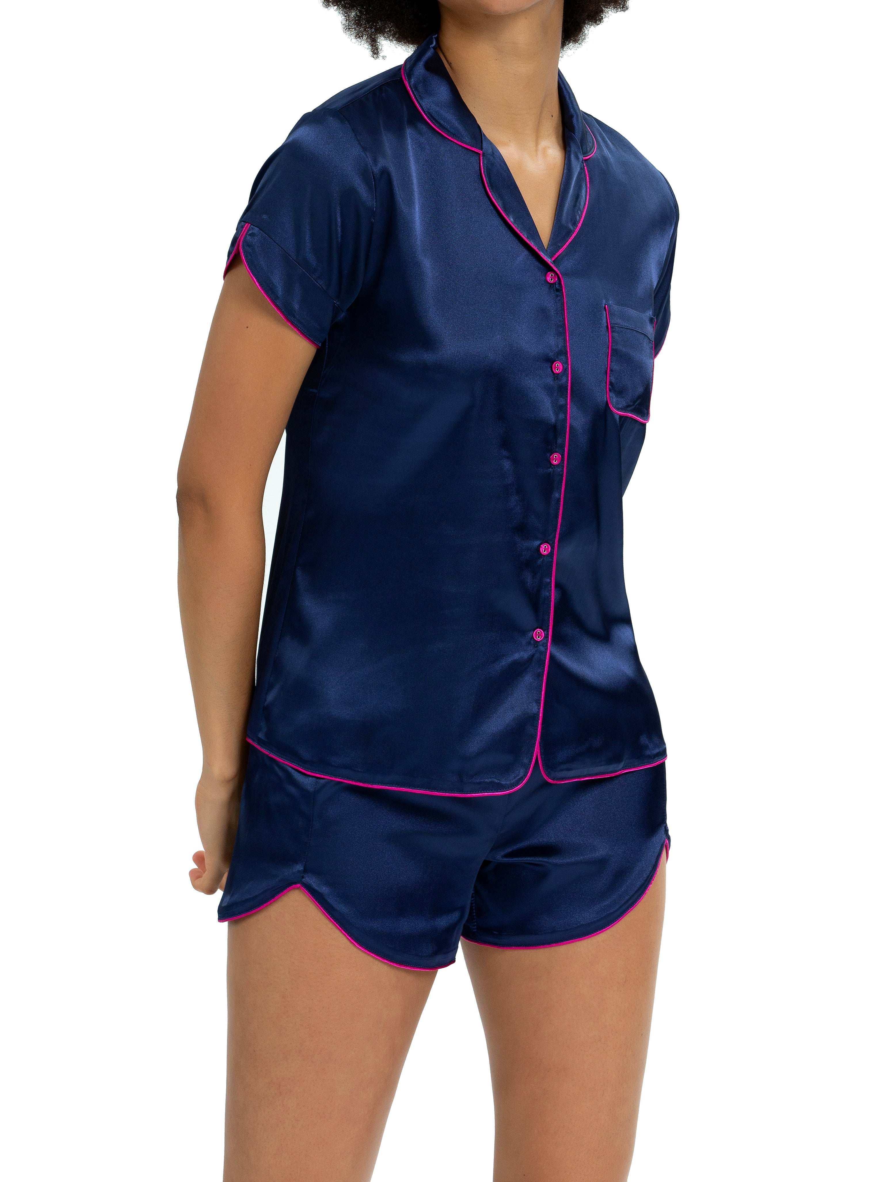 Womens Silky Satin  Short Sleeve Pajamas Set Navy