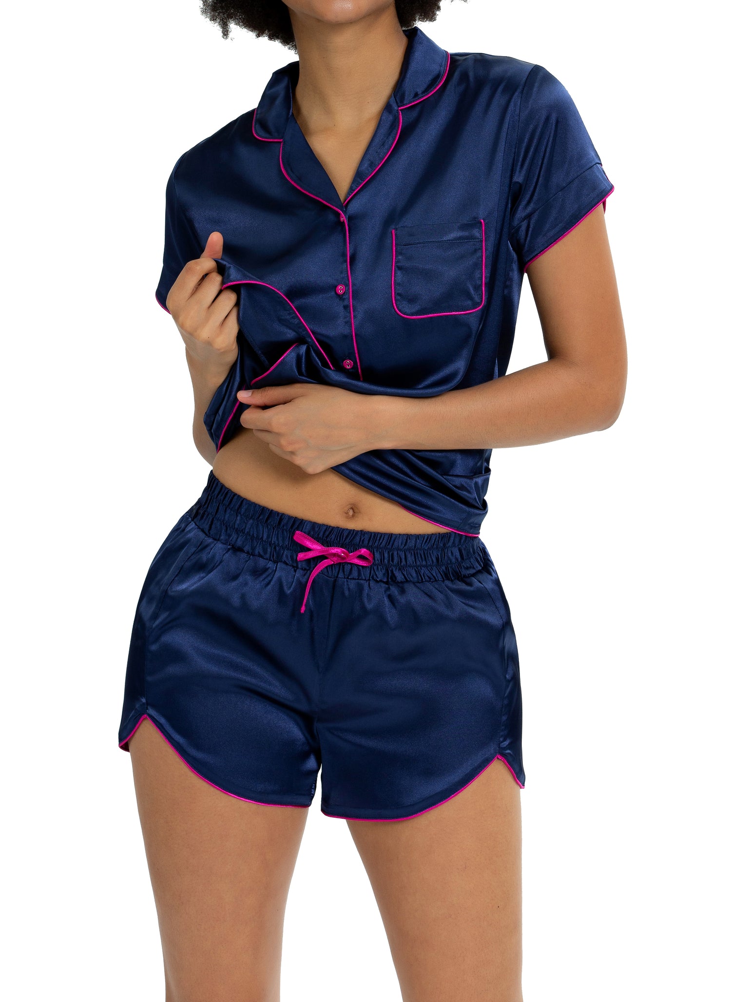 Womens Silky Satin  Short Sleeve Pajamas Set Navy